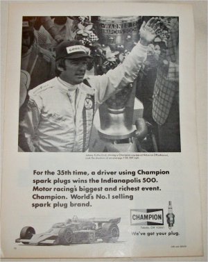 1974 Champion Spark Plugs ad featuring Johnny Rutherford