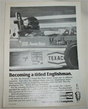 1978 Champion Spark Plugs ad featuring James Hunt