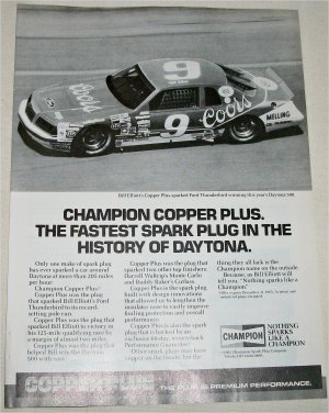 1985 Champion Copper Plus Spark Plugs ad featuring Bill Elliot