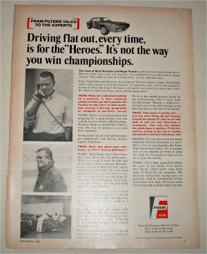 1968 Fram Filters ad featuring Mark Donohue & Roger Penske