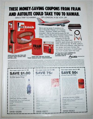 1985 Fram Auto Parts Contest ad