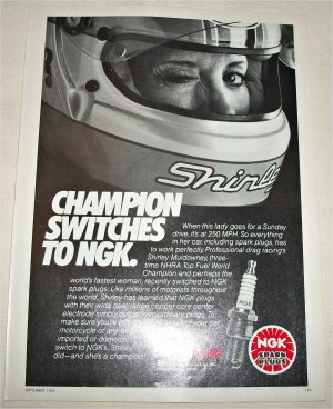 1983 NGK Copper Core Spark Plugs ad featuring Shirley Muldowney