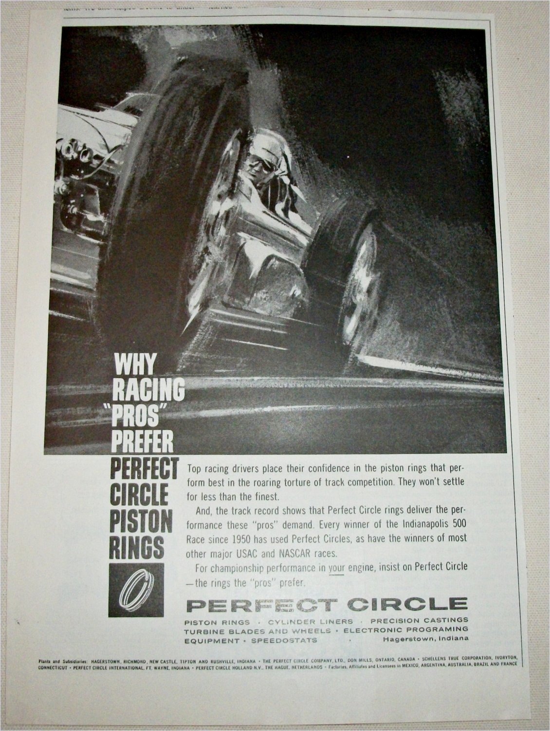 1962 Perfect Circle Piston Rings Ad 1962 perfect circle piston rings ad