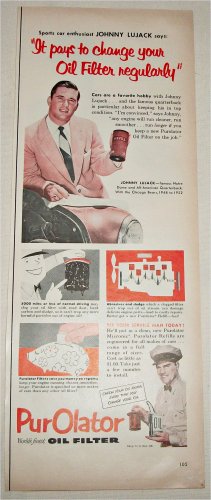 1953 Purolator Oil Filter ad featuring Johnny Lujack