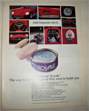 1975 Simoniz Royal Wax ad featuring 1956 Maserati 350 S.