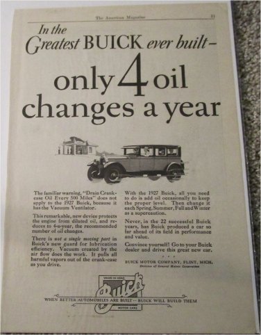 1927 Buick 4 dr sedan Only 4 Oil Changes A Year car ad