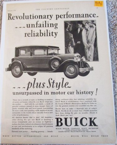 1929 Buick 4 dr sedan Revolutionary Performance car ad