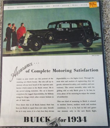 1934 Buick 4 dr sedan Assurance car ad