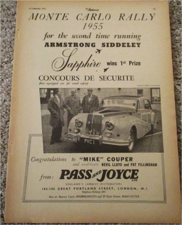 1955 Armstrong Siddeley Sapphire 4 dr Monte Carlo Winner car ad