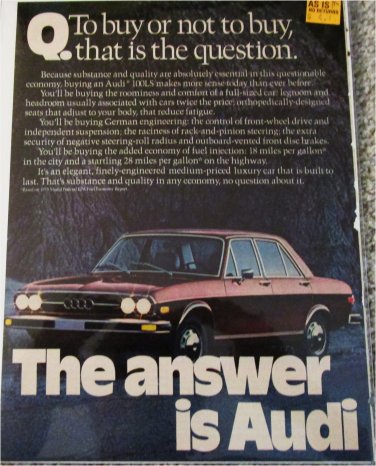 1974 Audi 100LS 4 dr sedan The Answer car ad