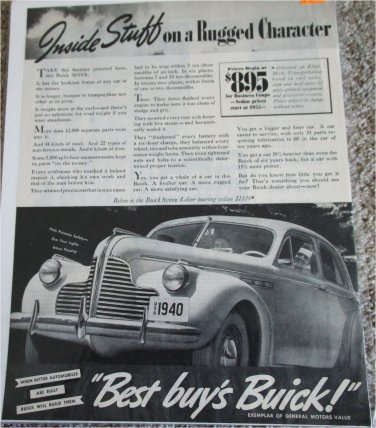 1940 Buick Super 4 dr sedan Inside Stuff car ad