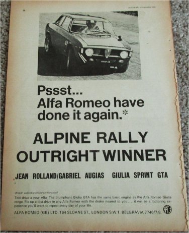 1966 Alfa Romeo 2 dr sedan Alpine Tally Winner car ad