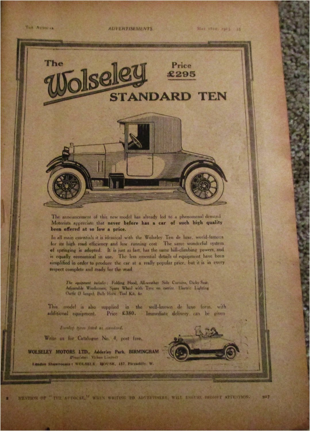 1923 Wolseley Standard Ten Roadster car ad