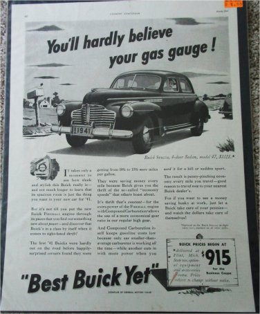 1941 Buick Special 4 door sedan Gas Gauge car ad