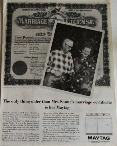 1964 Maytag Marriage License Washer Dryer ad