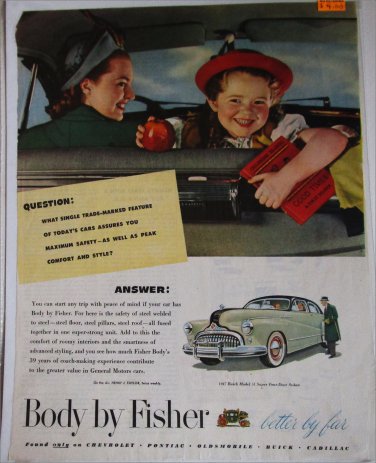1947 Fisher Body ad featuring a Buick Super 4 dr sedan