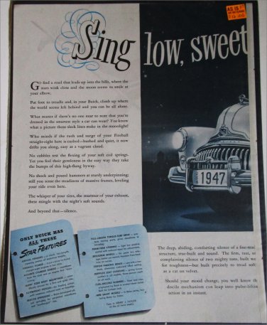 1947 Buick 4 dr sedan Sing Low car ad
