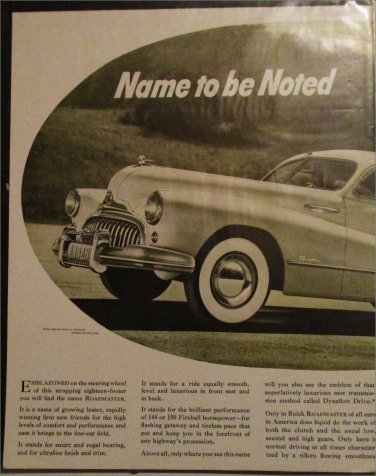 1948 Buick Roadmaster 4 dr sedan Name car ad