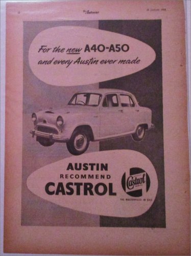 1955 Castrol ad featuring Austin A40-A50 4 dr sedan