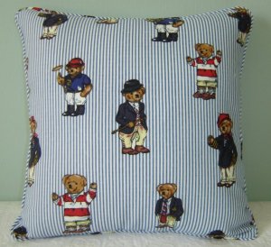 RALPH LAUREN 16"X16" TEDDY BEAR STRIPE PILLOW WITH SELF COVERED PIPING