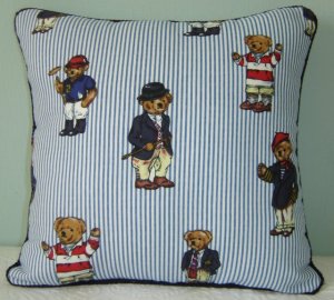 RALPH LAUREN 16"X16" TEDDY BEAR STRIPE ACCENT PILLOW WITH DECORATIVE CORDING