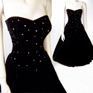 strapless party dress Black velvet prong set rhinestones  small