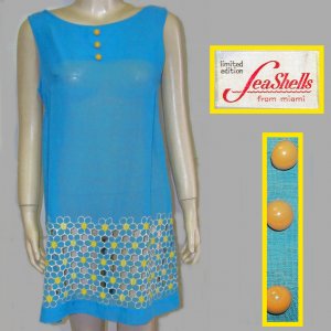 Seashells Miami 60s mini dress blue yellow daisies semi sheer med