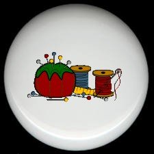 Sewing Quilting PIN CUSHION Thread Tape Measure ~ Ceramic Drawer Knobs Pulls FREE S/H