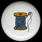 BLUE Thread on Wood Spool with Needle SEWING ~ Ceramic Drawer Knobs Pulls FREE S/H
