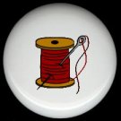 RED Thread on Wood Spool with Needle SEWING ~ Ceramic Drawer Knobs Pulls FREE S/H