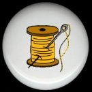 YELLOW Thread on Wood Spool with Needle SEWING ~ Ceramic Drawer Knobs Pulls FREE S/H