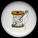 WHITE Thread on Wood Spool with Needle SEWING ~ Ceramic Drawer Knobs Pulls FREE S/H