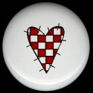 WHITE and RED CHECKED Prim HEART ~ Ceramic Drawer Knobs Pulls FREE S/H