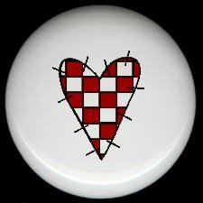 WHITE and RED CHECKED Prim HEART ~ Ceramic Drawer Knobs Pulls FREE S/H
