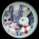 WHITE RABBIT with SCARY DOLL GIRL Gothic Ceramic Drawer Knobs