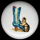 Blue Satin VICTORIAN BOOT Shoe & Kitten CAT Ceramic Knobs Pulls