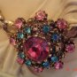 RARE VINTAGE FINE PINK BLUE RHINESTONE STONES CLUSTER DAISY FLOWER WOMENS NECKLACE