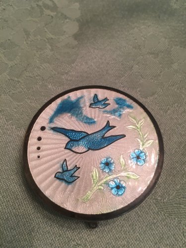 STOLEN FROM ME!  SUPERB ! VINTAGE GUILLOCHE ENAMEL BLUE BIRDS MAKE UP VANITY PURSE COMPACT CASE