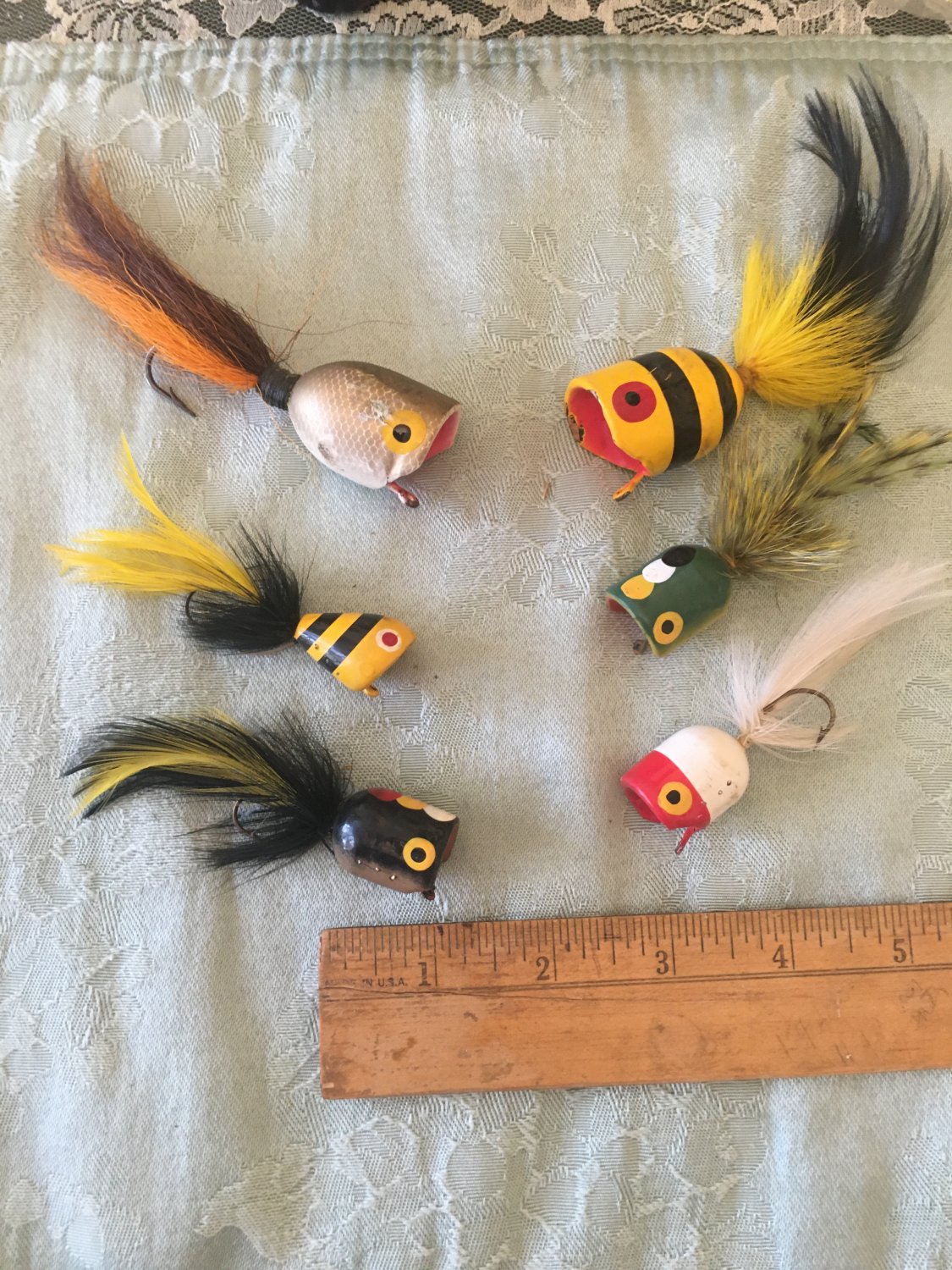 6 Vintage wood bee bug like fishing lures w/ feather tails