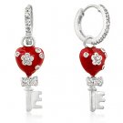 White GP Red Enamel and Pave CZ Heart Key Charm Earrings