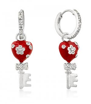 White GP Red Enamel and Pave CZ Heart Key Charm Earrings
