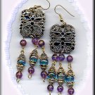 EARRINGS IN PURPLE, BLACK & GOLD TONE (E-3023)
