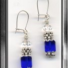 EARRINGS MADE OF SQUARE BLUE COBALT CRYSTAL & SILVERTONE  (E-3113)