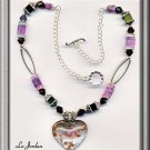 ELEGANT NECKLACE IN BLACK & PINK HEART LAMPWORK GLASS PENDANT(N-2155)