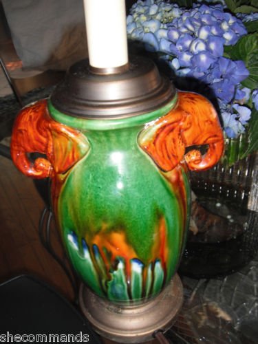 VINTAGE Glazed Ceramic Elephant-Handled Lamp
