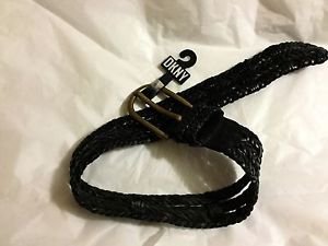 NEW DKNY Woven Black Leather Belt with Solid Brass Buckle - P/S