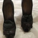 VG CONDITION Caligarius Pewter Leather Open Toe Wedges w/ Genuine Snakeskin 7.5C