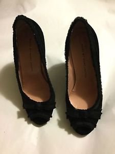 VG CONDITION Marc Jacobs Made in Italy Peep Toe Black Suede Pumps w/ Ribbon - 37