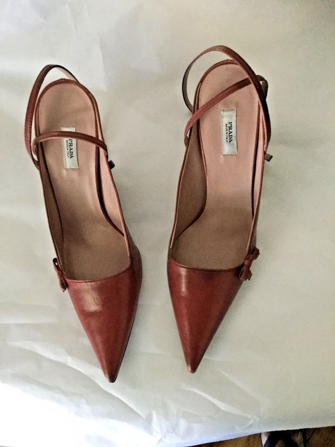 NEW Authentic PRADA Leather Slingbacks w/ Bow and Ankle Strap - 36.5