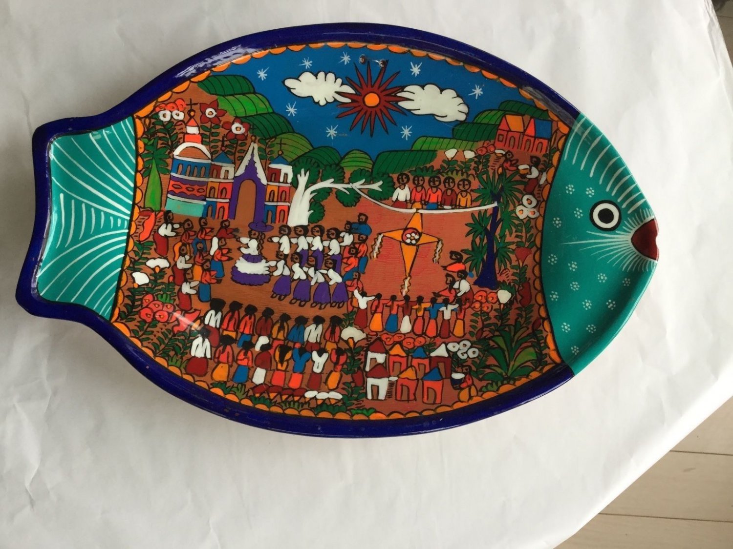 AUTHENTIC Mexican Redware/Terra-cotta Hand-PaInted Hanging Wall Plate - 14.25"